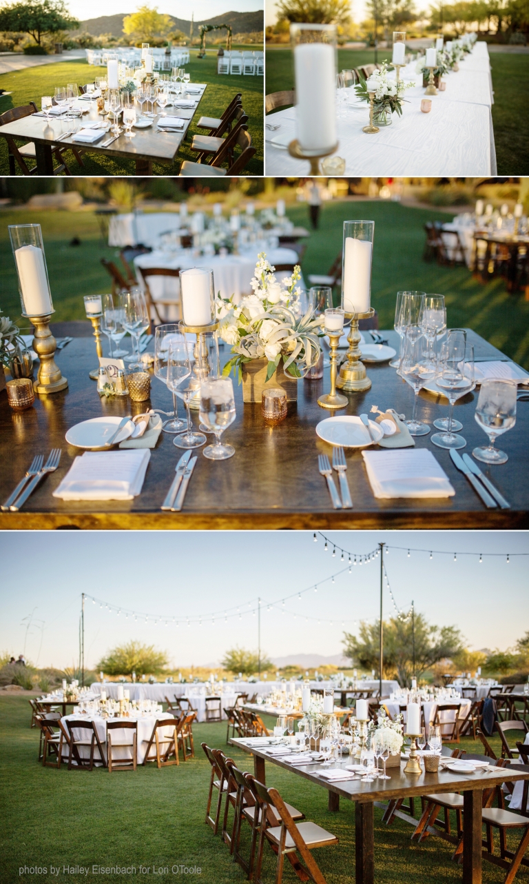 Ritz Carlton Dove Mountain wedding; Lori OToole Photography; Arizona elegant wedding; candles and farm tables