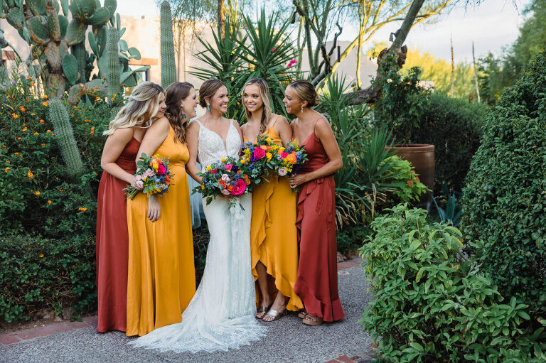 Colorful bridal party; wedding at Hacienda Del Sol; Lori OToole Photography